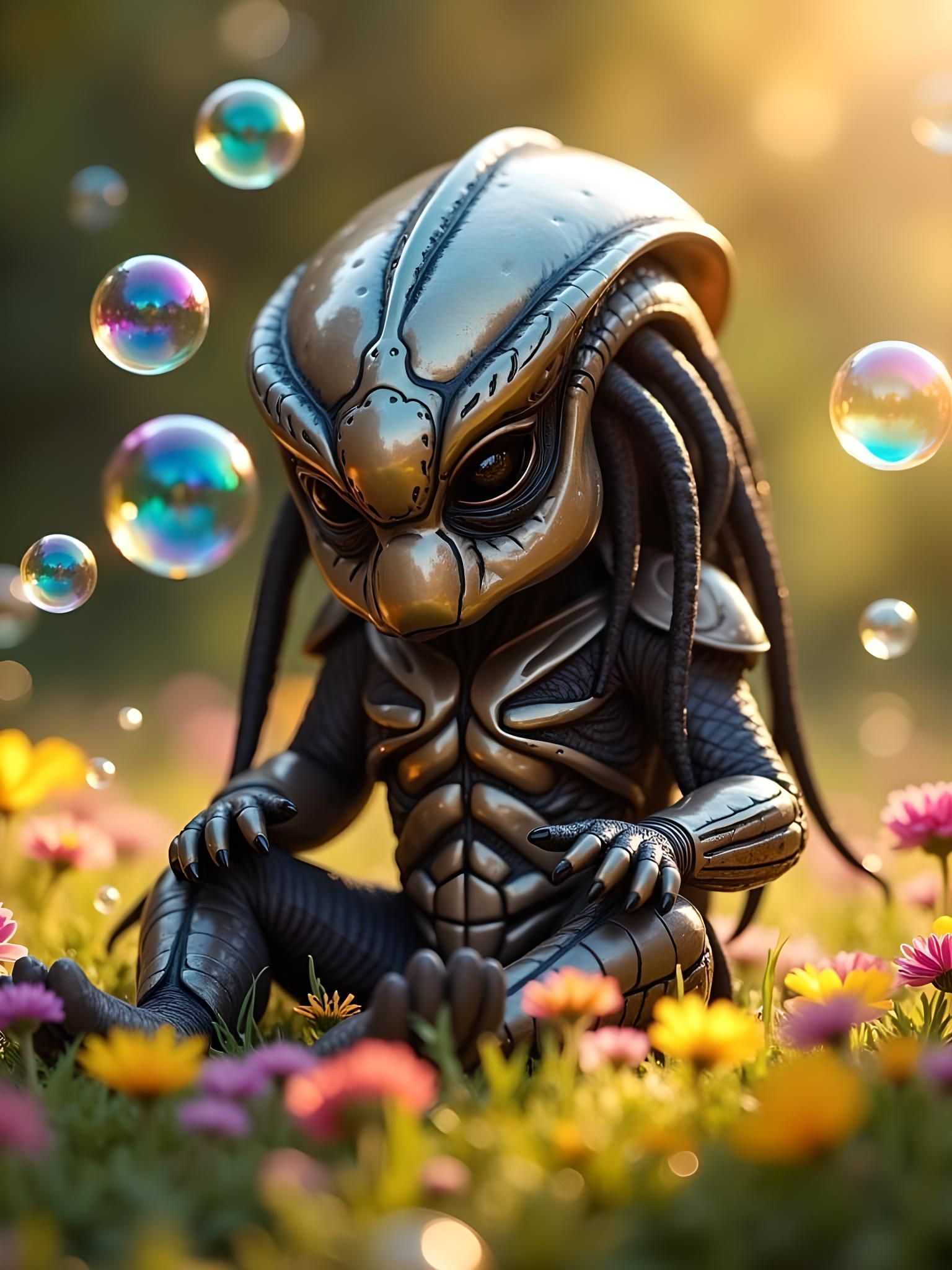 Baby Predator Blowing Bubbles in a Meadow