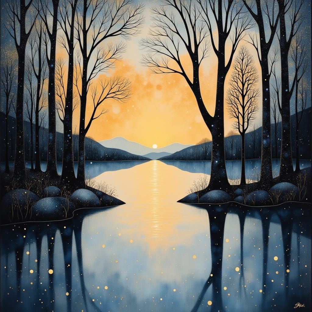 Winter Sunset over a Frozen Lake with Wispy Trees