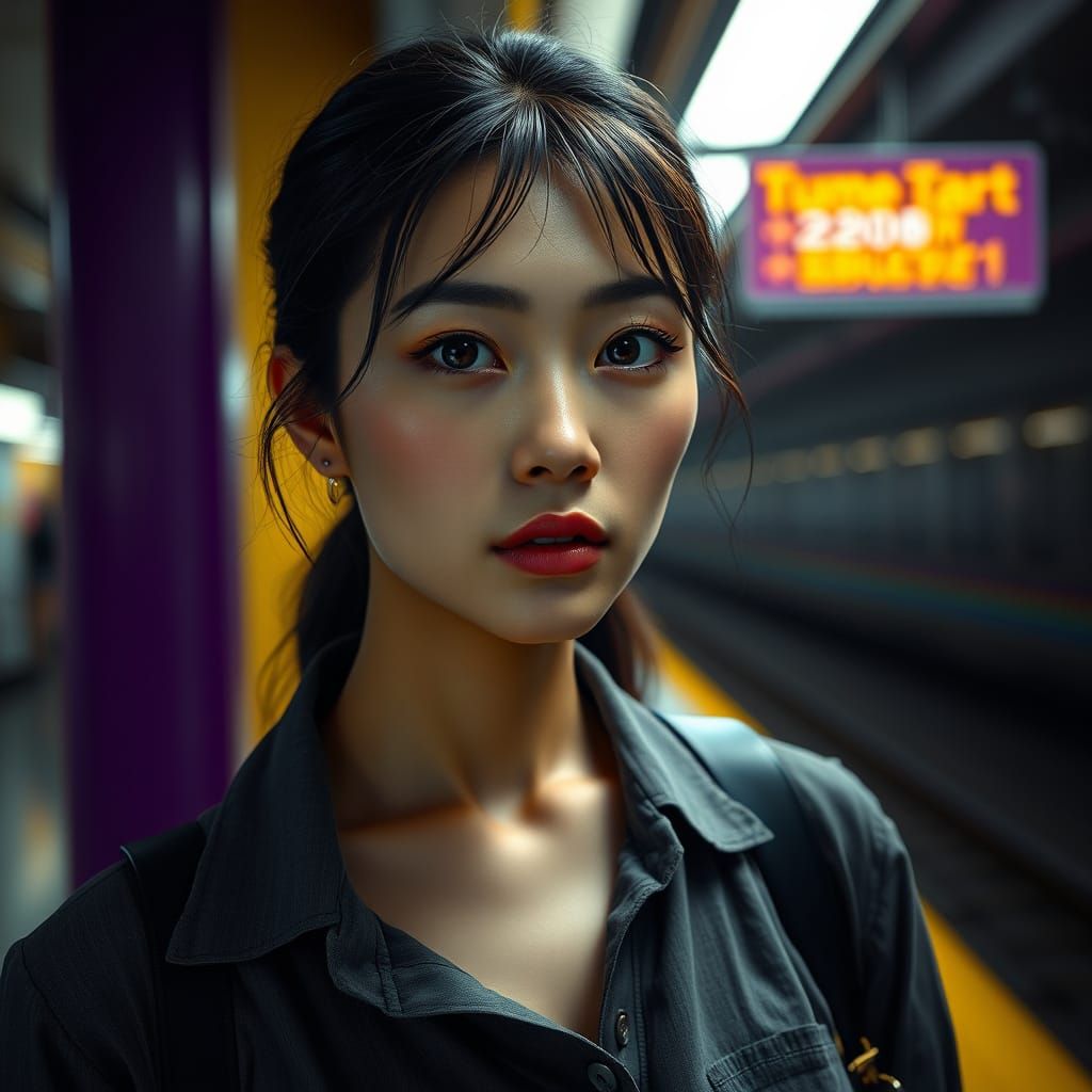 Lonely Japanese Businesswoman at Subway Station
