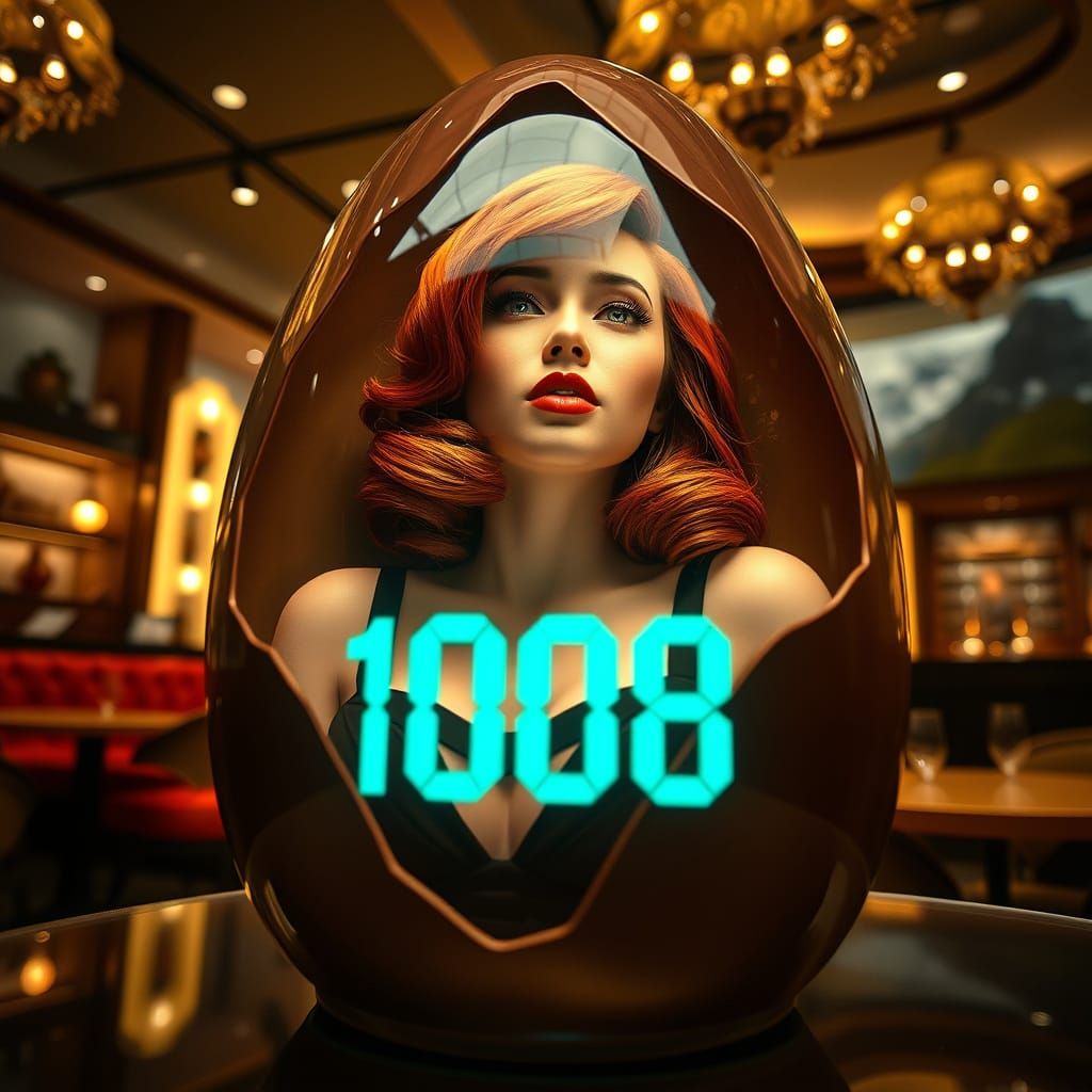 Redhead Pin-Up Girl in Chocolate Egg, 3D Anime Art