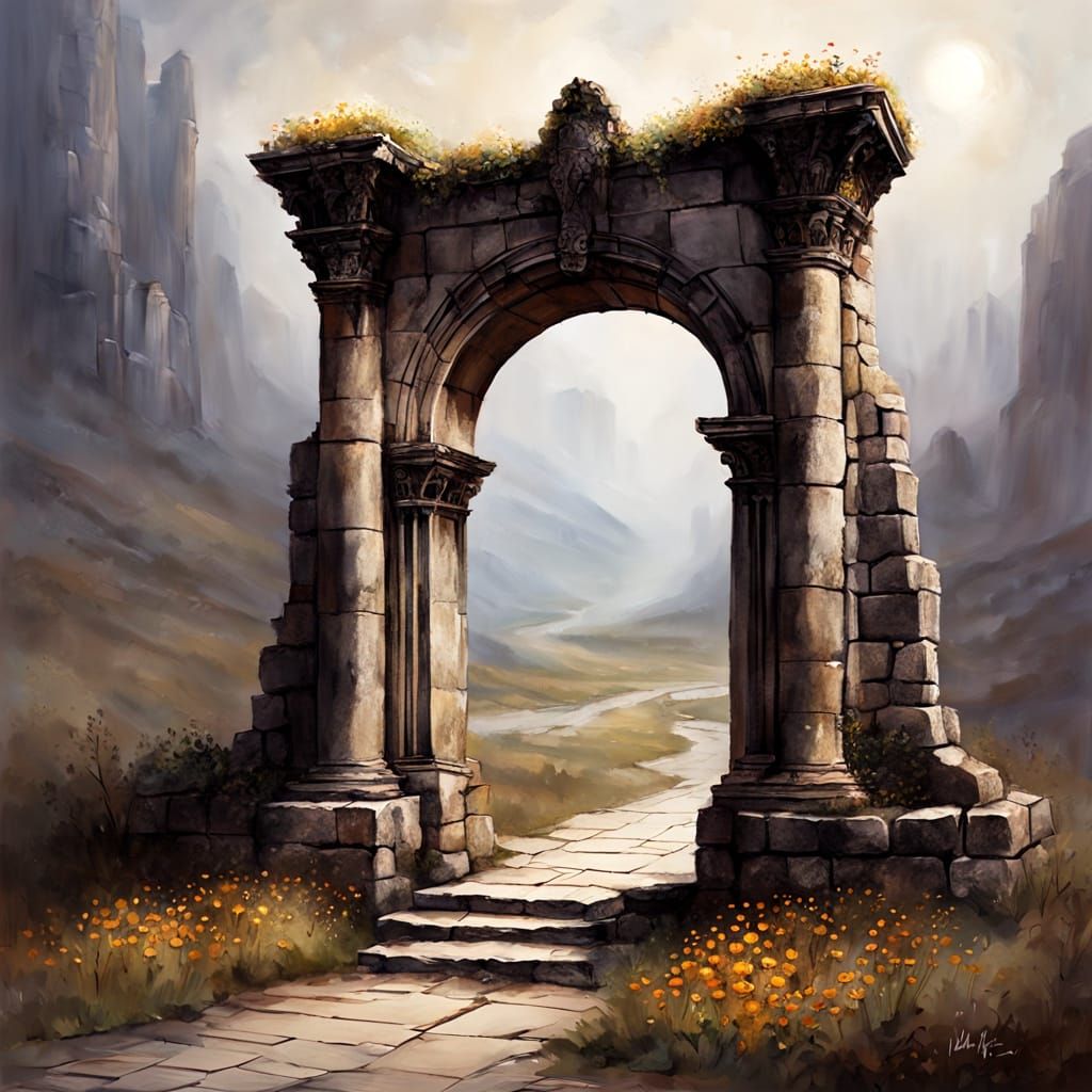 Gargoyle on Ancient Archway in Misty Sinister Landscape Pain...