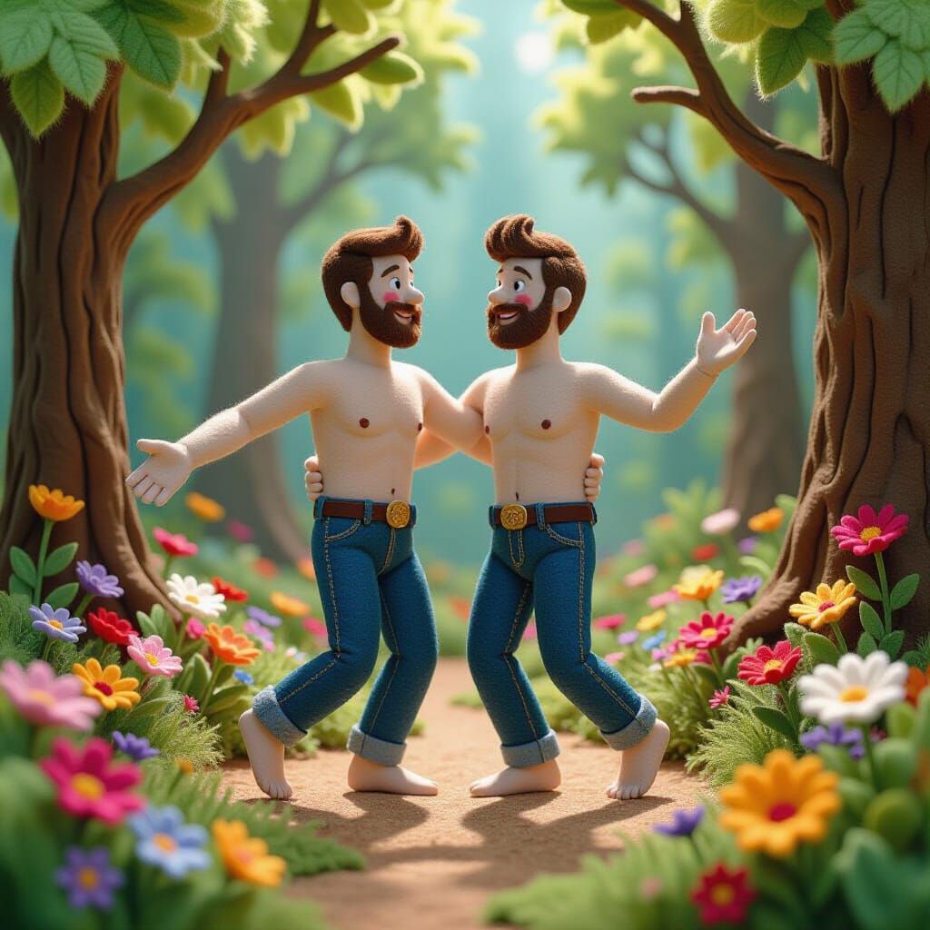 Felted Gay Couple Dancing in Enchanted Forest