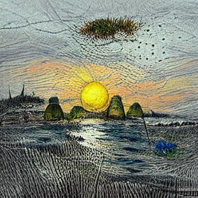 Island Sunrise in Van Gogh Stipple Impasto Style