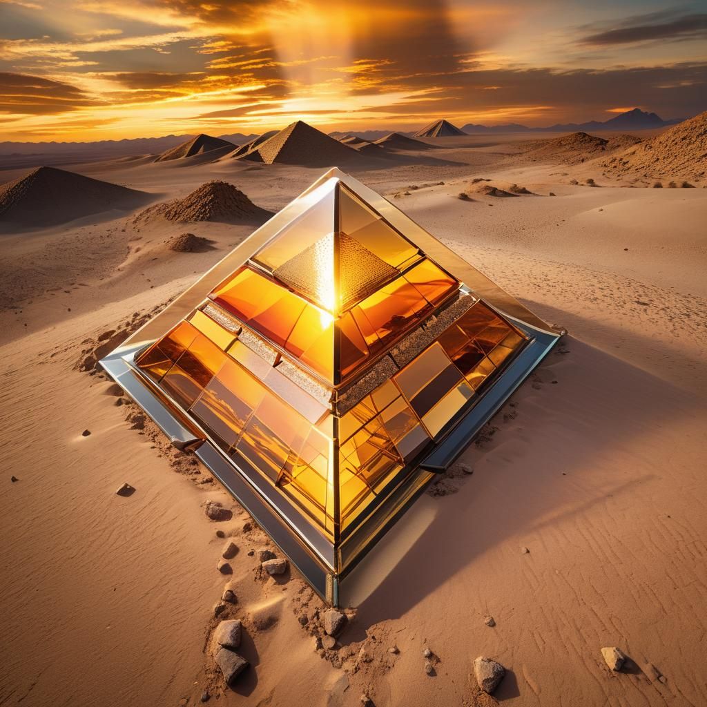 Glass Pyramid Sunset: Hyperrealistic Desert Concept Art
