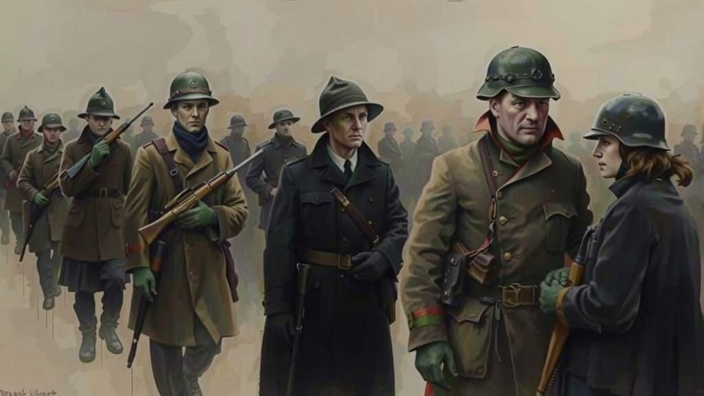 Dark Watercolor Painting of War's Broken People