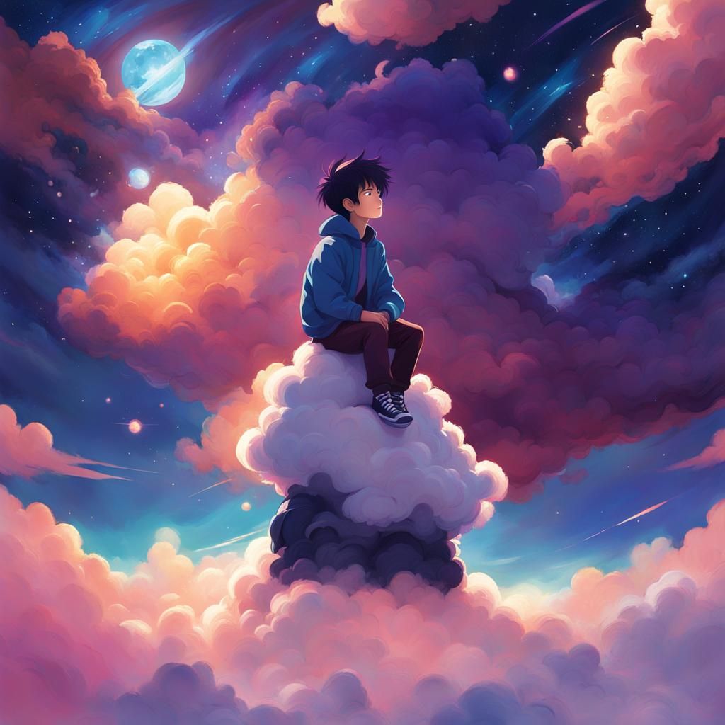 Boy Contemplating the Universe Amidst Celestial Wonders in C...