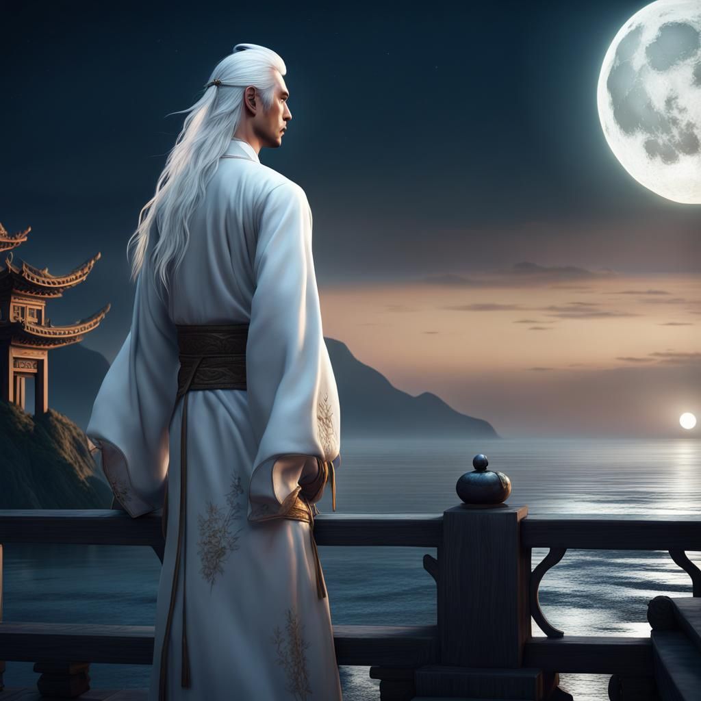 Chinese Man in White Robes by the Sea