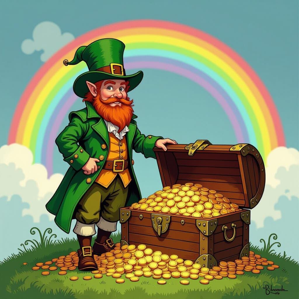 Leprechaun with Treasure at Rainbow's End