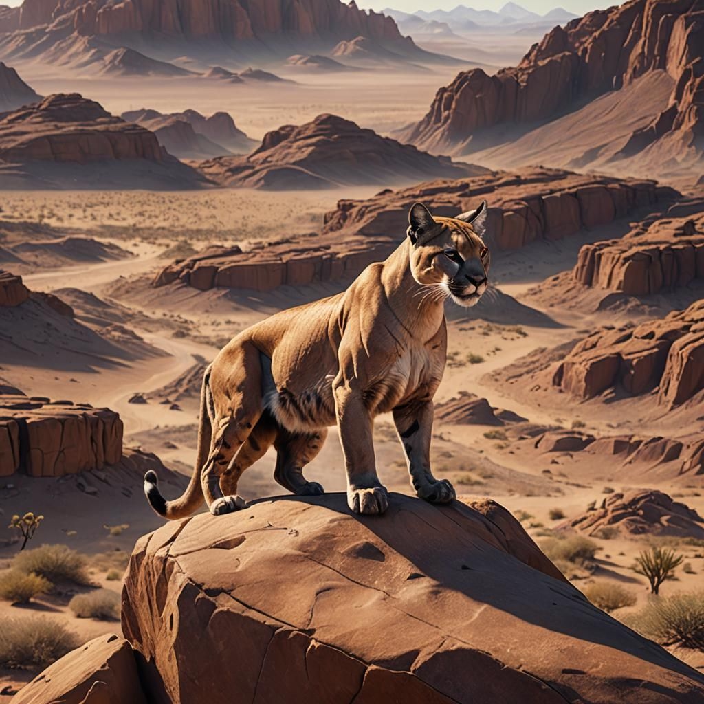 Puma in Desert Landscape, Detailed Matte Painting