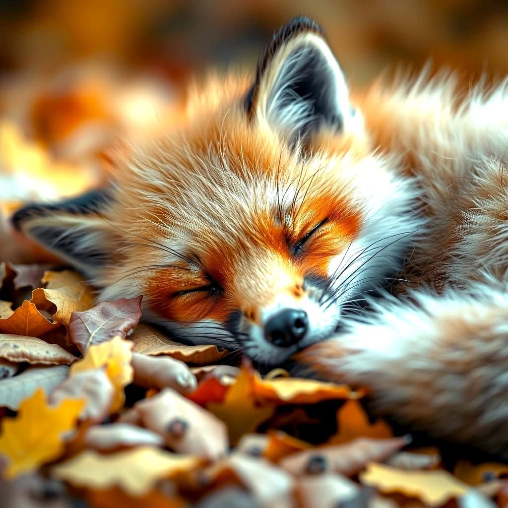 Cute Sleeping Fox on Autumn Leaves