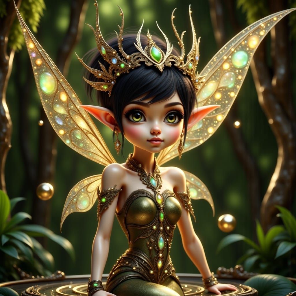 High-Fashion Tinkerbell on Antique Spool, Hyper-Realistic