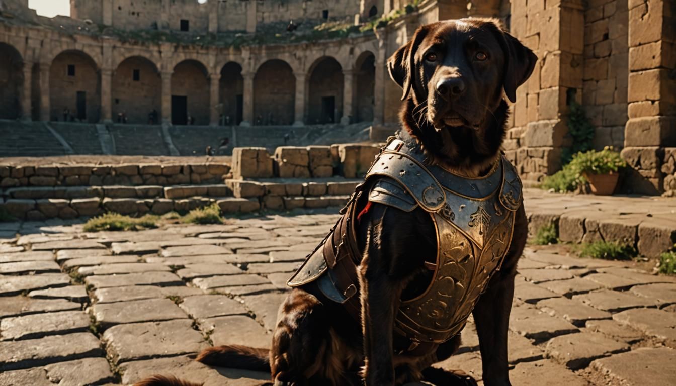 Labrador Gladiator in Coliseum: Cinematic Film Still