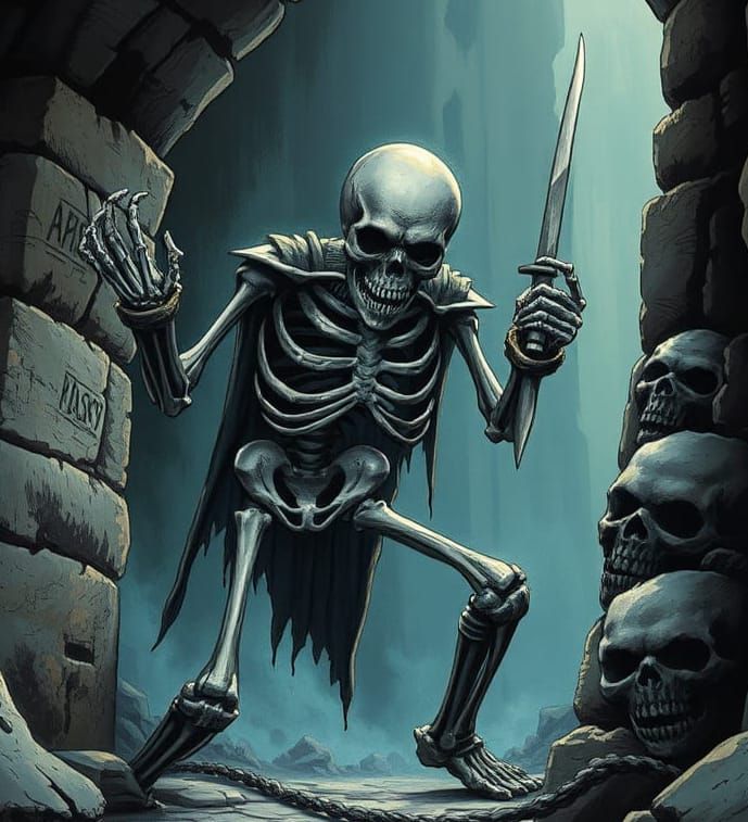 Skeleton Warrior Emerges from Dark Tomb
