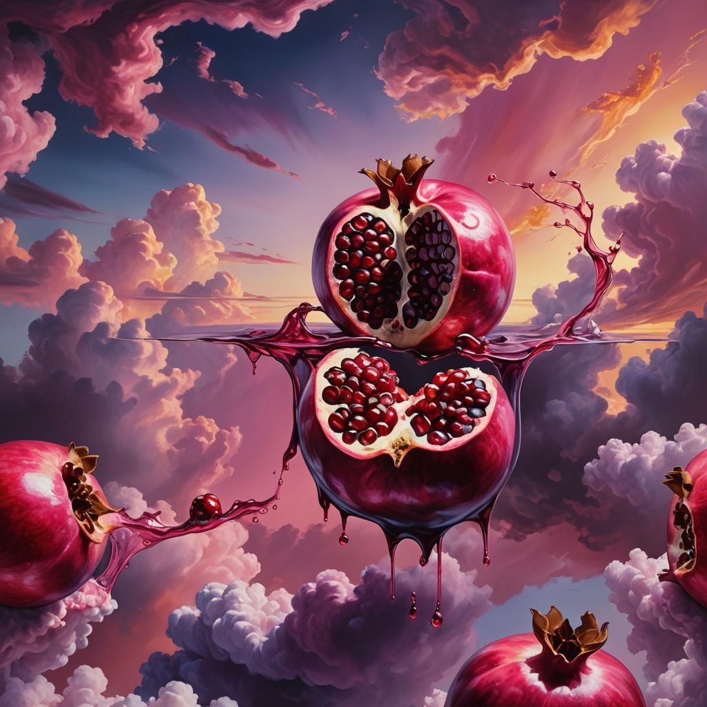 Surreal Pomegranate Still Life in a Dreamlike Landscape