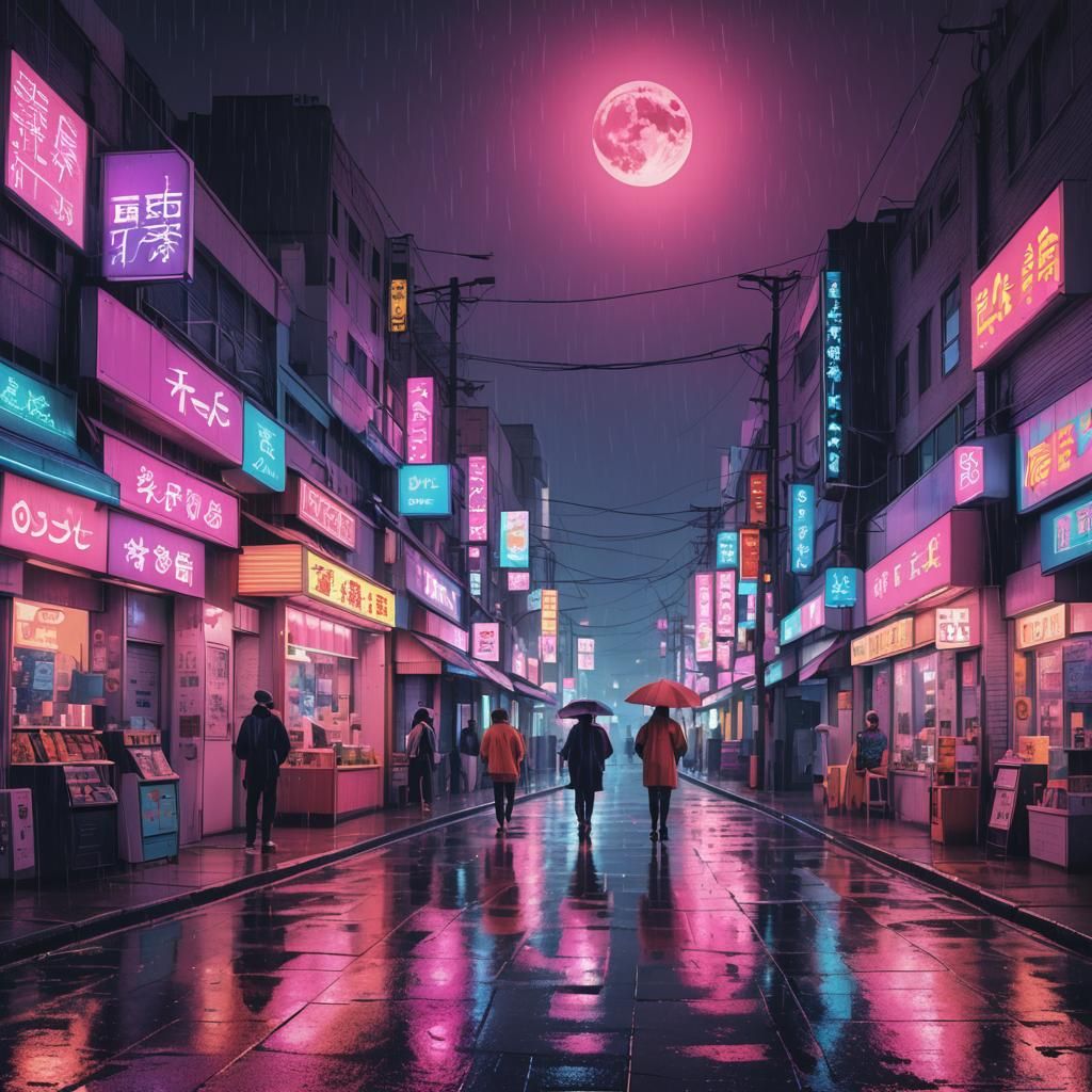 Vaporwave retro neon street scene, shops, rain, night, moon