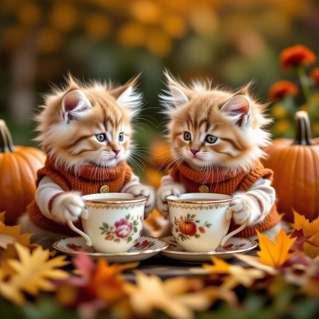 Fluffy Kittens Enjoy Autumn Cider in Dreamlike Setting