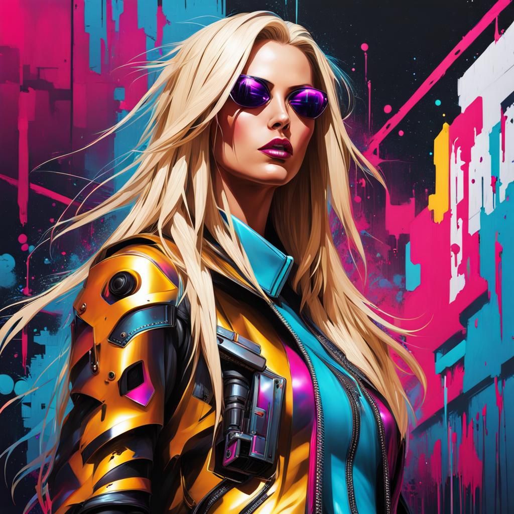 Cyberpunk Razorgirl in Titanium Armor with Graffiti Art