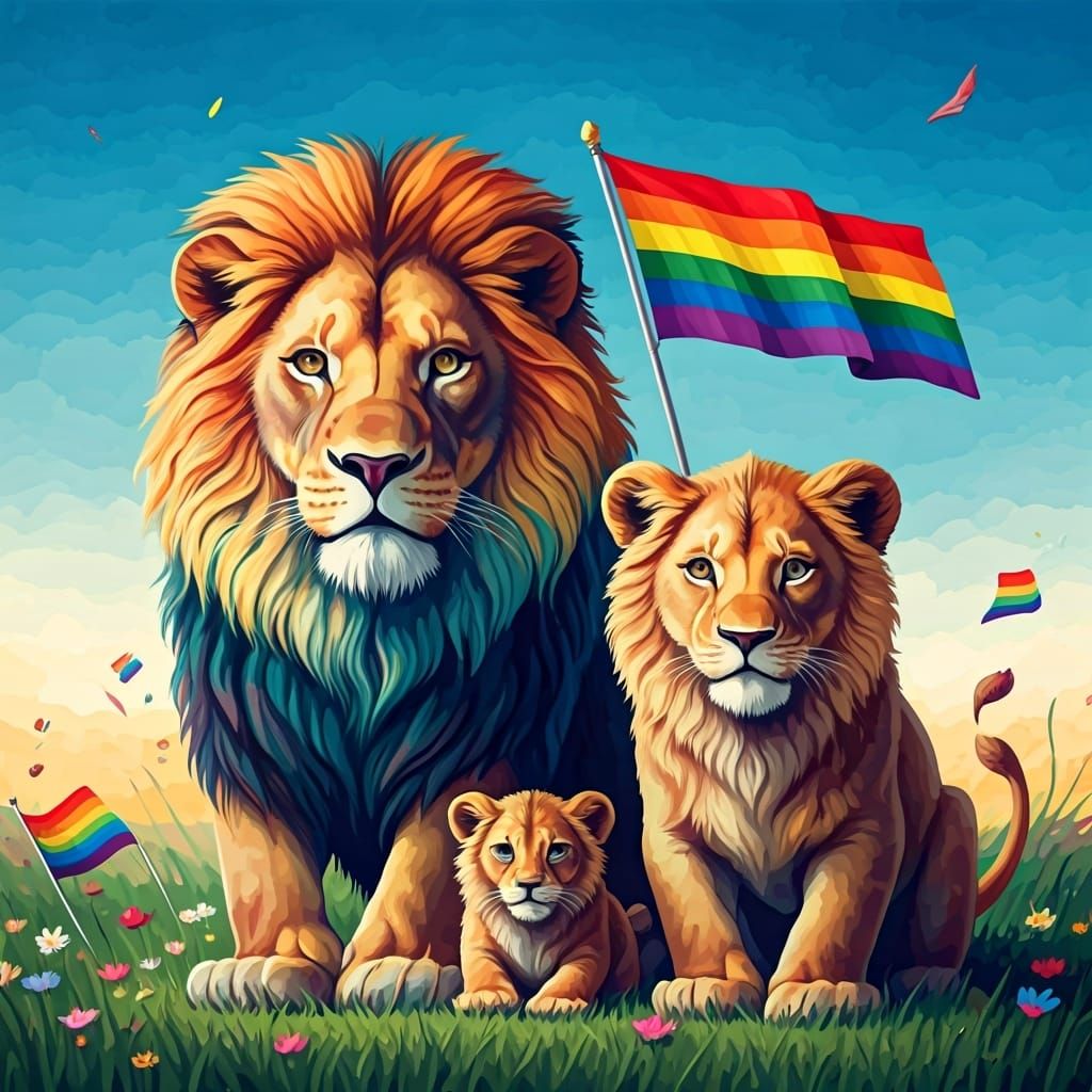 Rainbow Lions Celebrate Pride: Gouache Painting