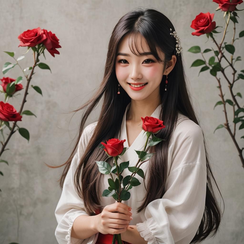 Japanese Girl with Glass Rose: Dreamlike Portrait