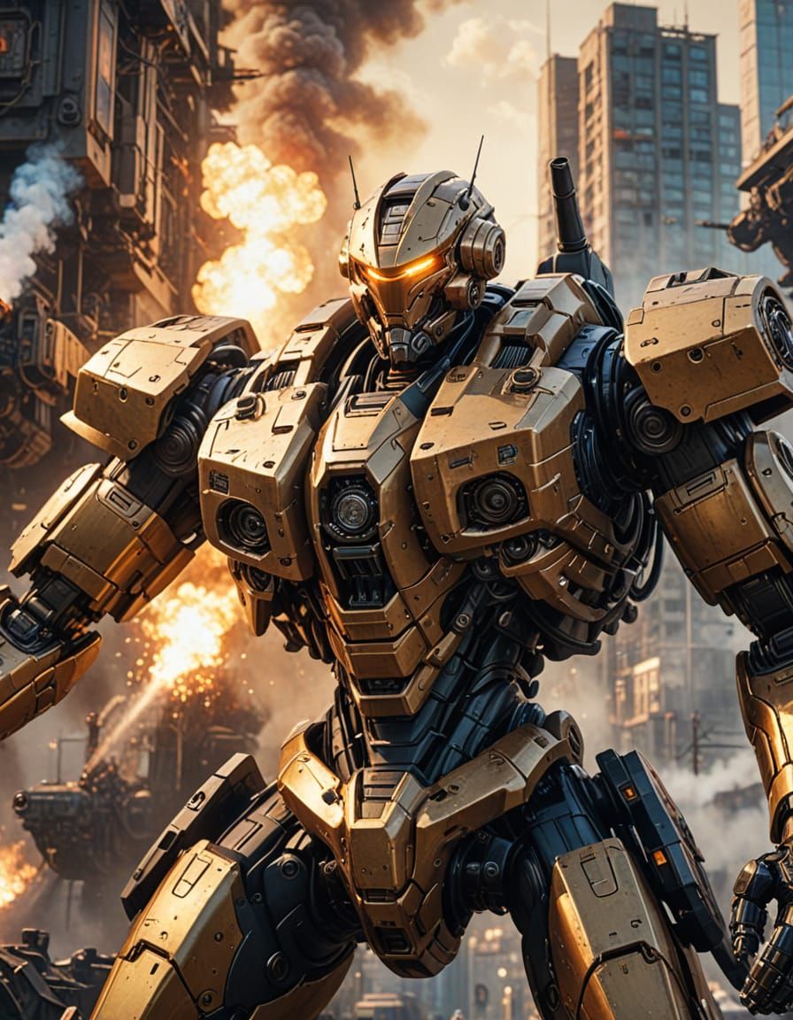 War Mecha Battle in Sci-Fi Cityscape