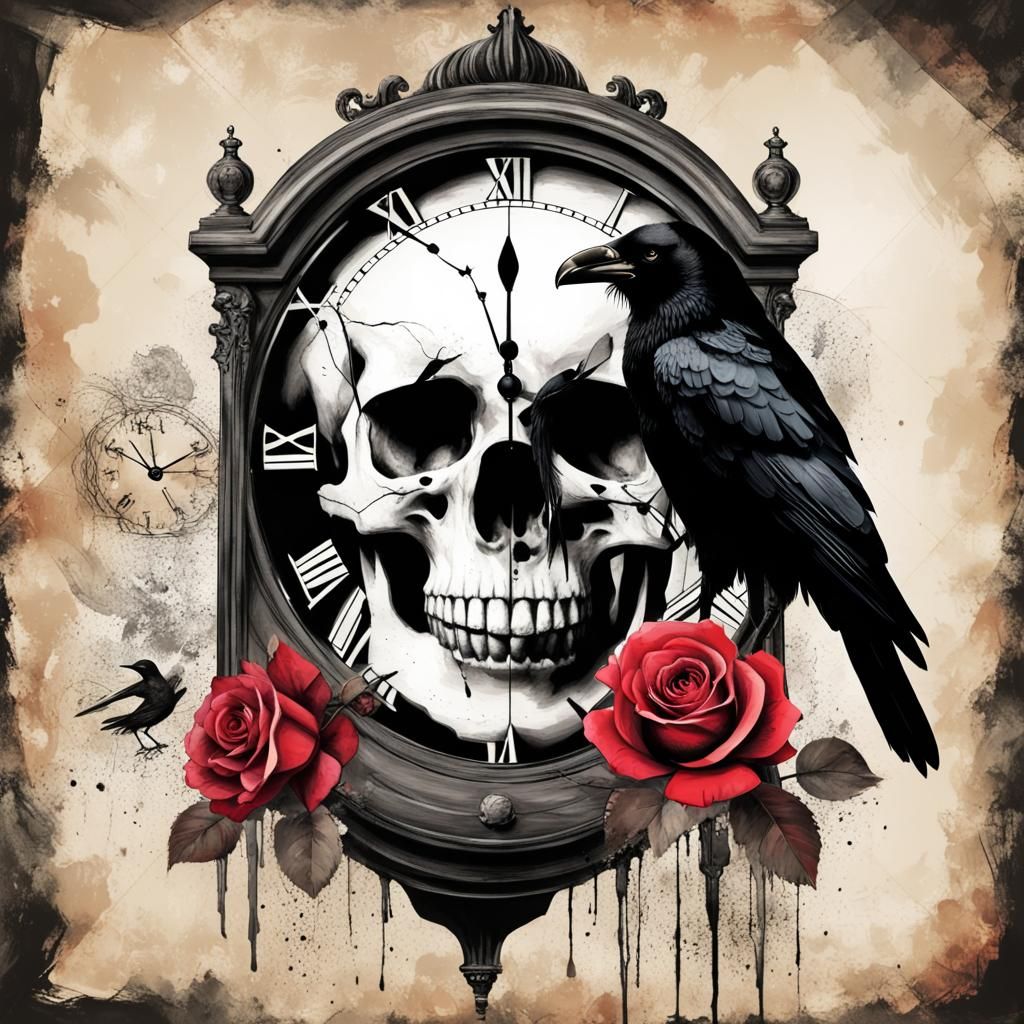 Trash Polka Skull with Rose and Raven