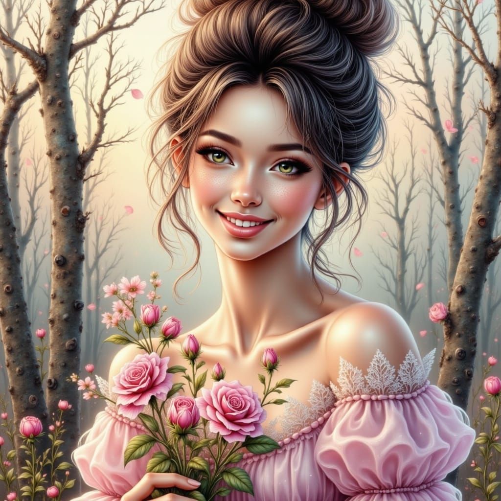 Cyberpunk Watercolor Art of a Woman with Roses in Autumn