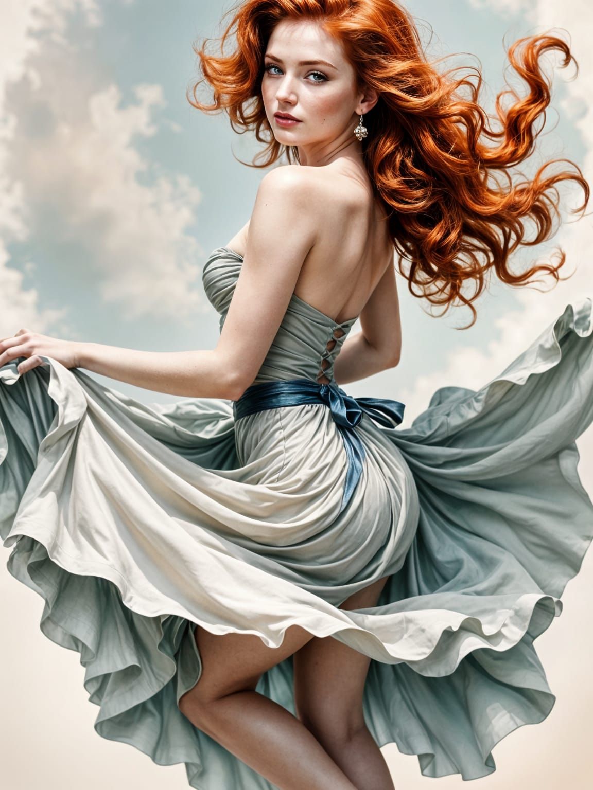 Beautiful Redhead Woman Portrait in Pin-Up Style