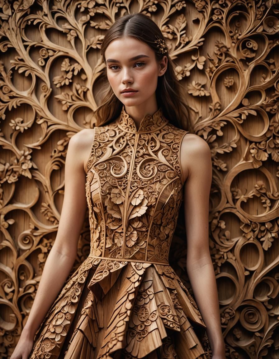 Model in Carved Wood Dress: Fashion Photography