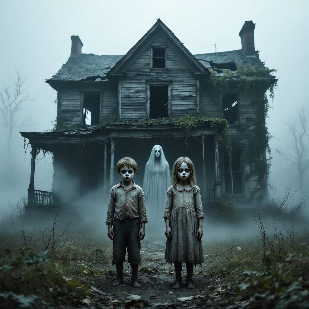 Eerie Abandoned House with Ghostly Figures in Hyperrealism