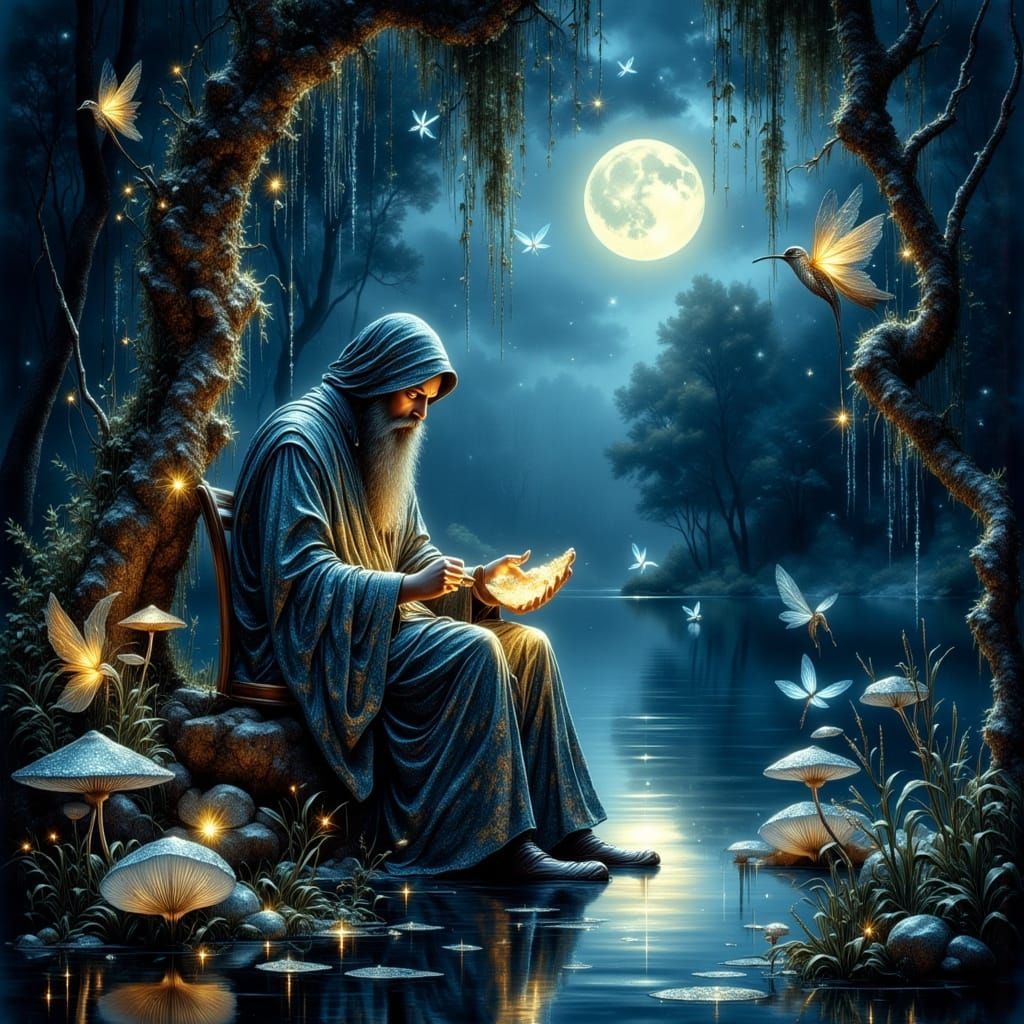 Ancient Craftsman Sculpting Moonstone Bird in Forest