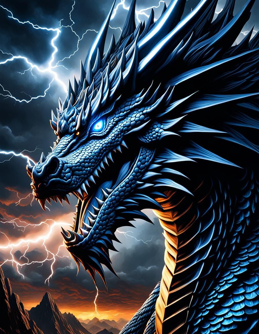 Hyperrealistic Black and Blue Dragon in Lightning