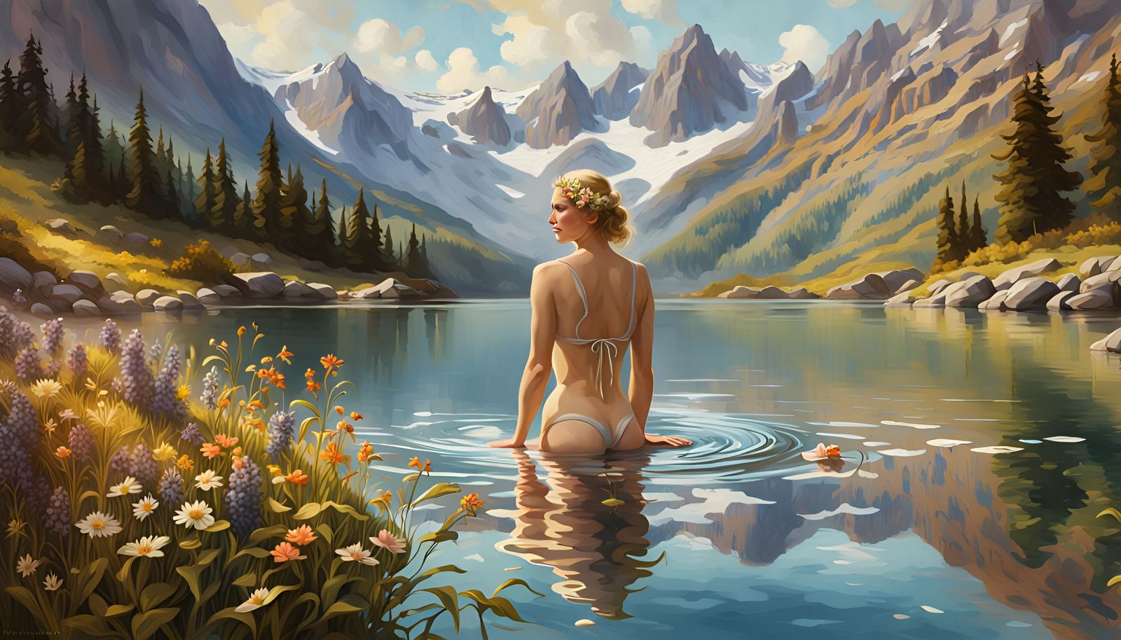 Norwegian Goddess in Mountain Lake, Oil Painting Style
