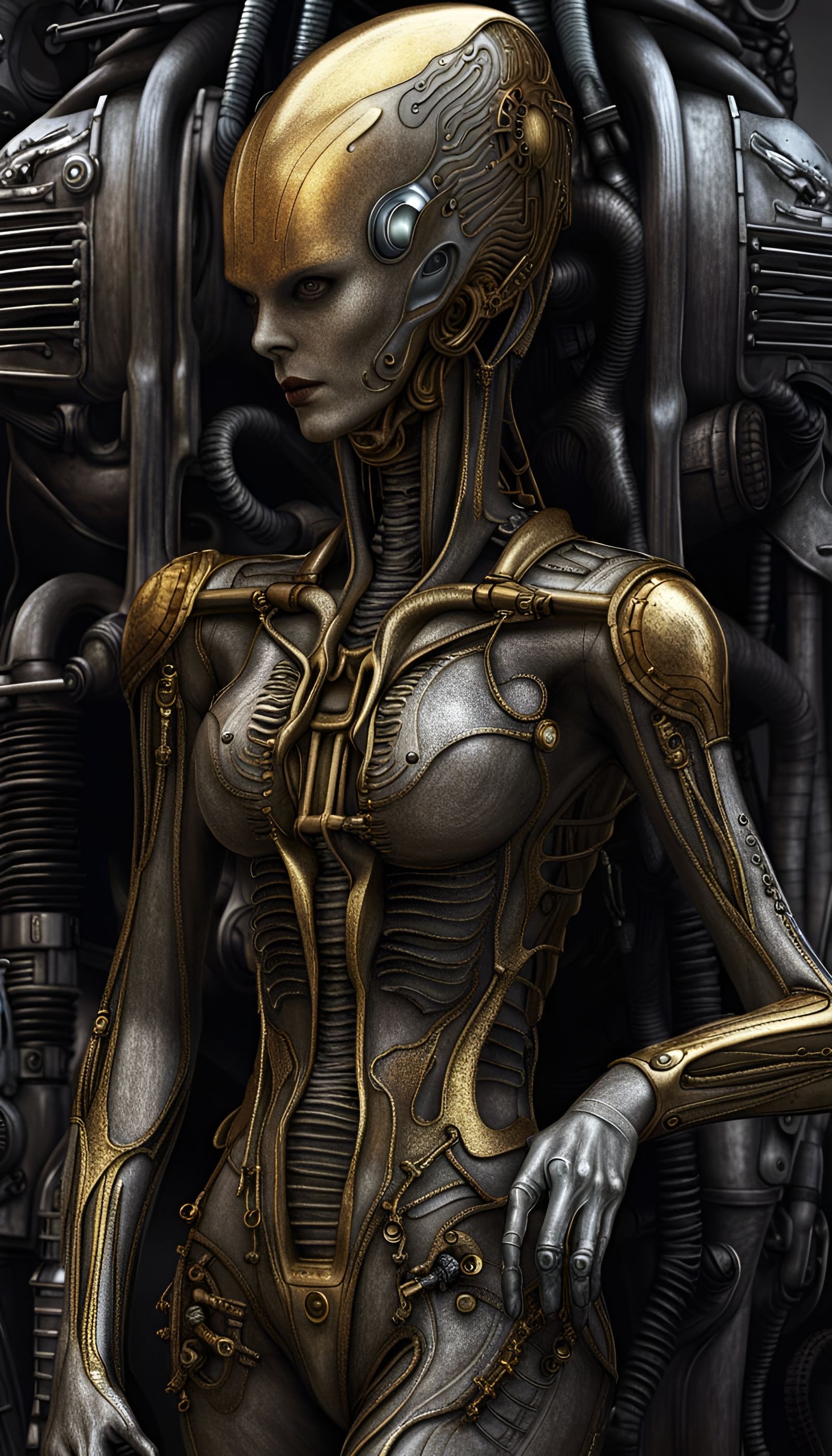 Golden Biomechanoid Woman Motorcycle Symbiosis in Photoreali...