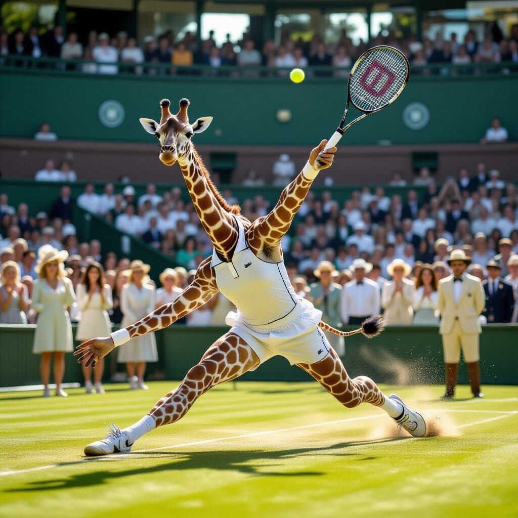 Giraffe Plays Tennis at Wimbledon, Whimsical Art