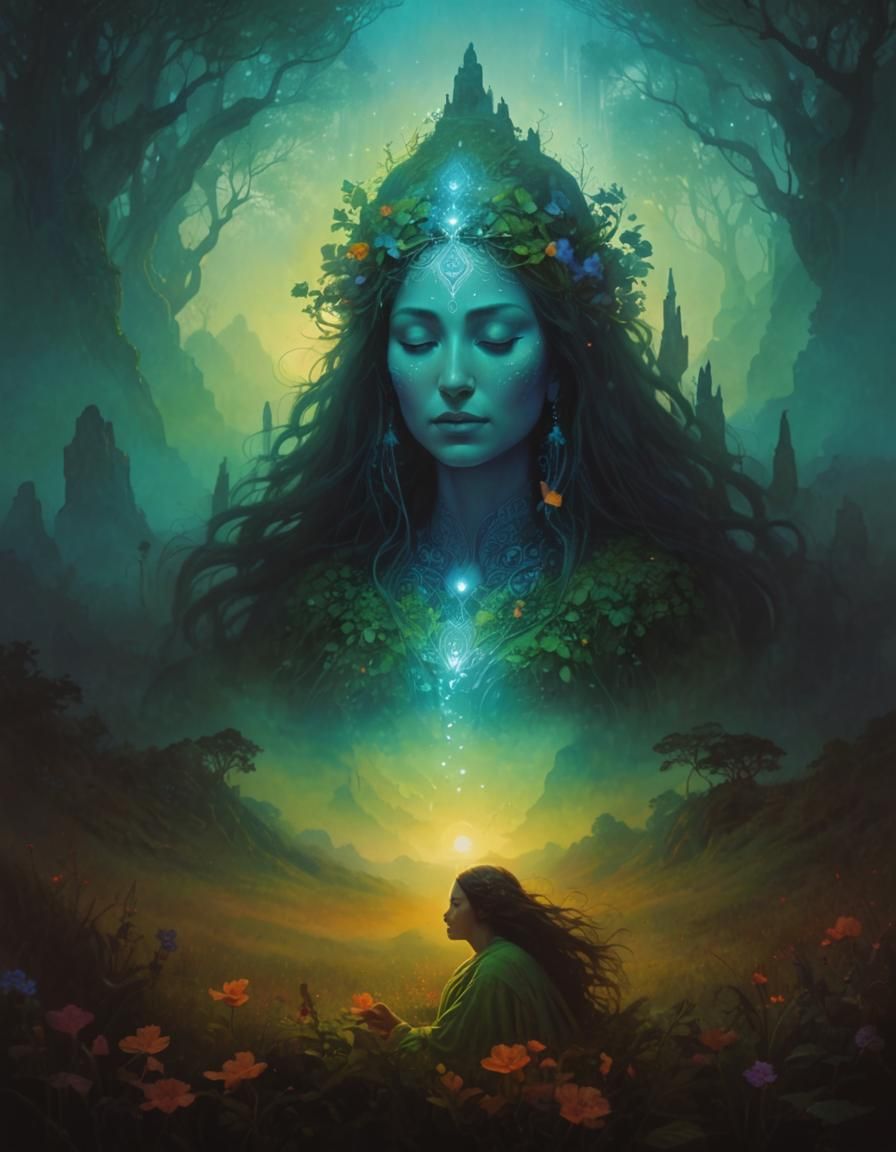 Bohemian Woman Meditating in Surreal Landscape