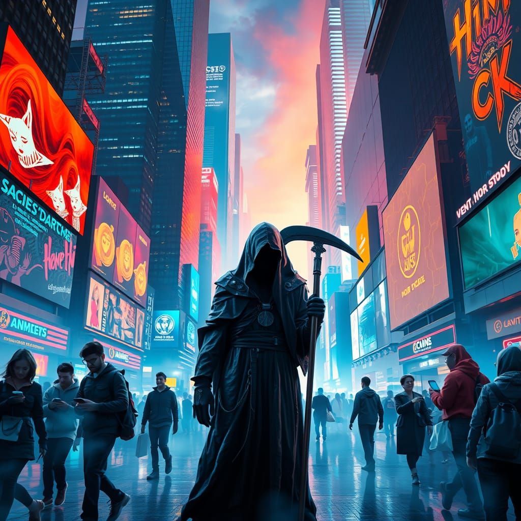 Grim Reaper in Dystopian Cyberpunk Cityscape