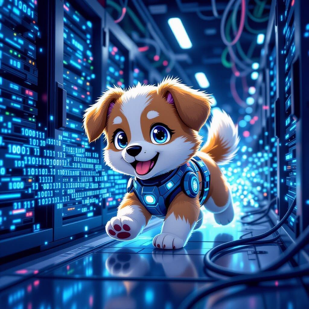 Robotic Puppy Chasing Binary Code in Server Farm