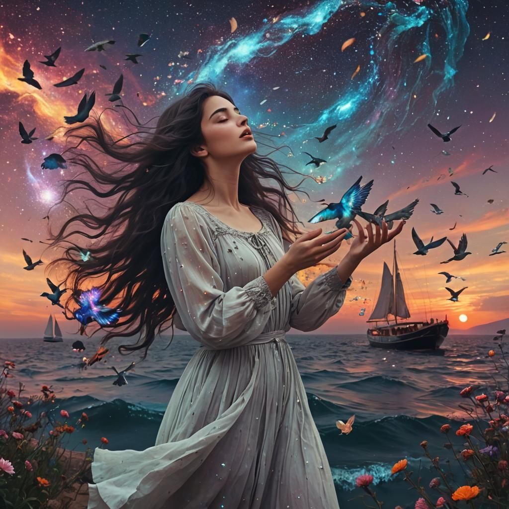 Woman Holding Galaxy in Dreamlike Digital Art
