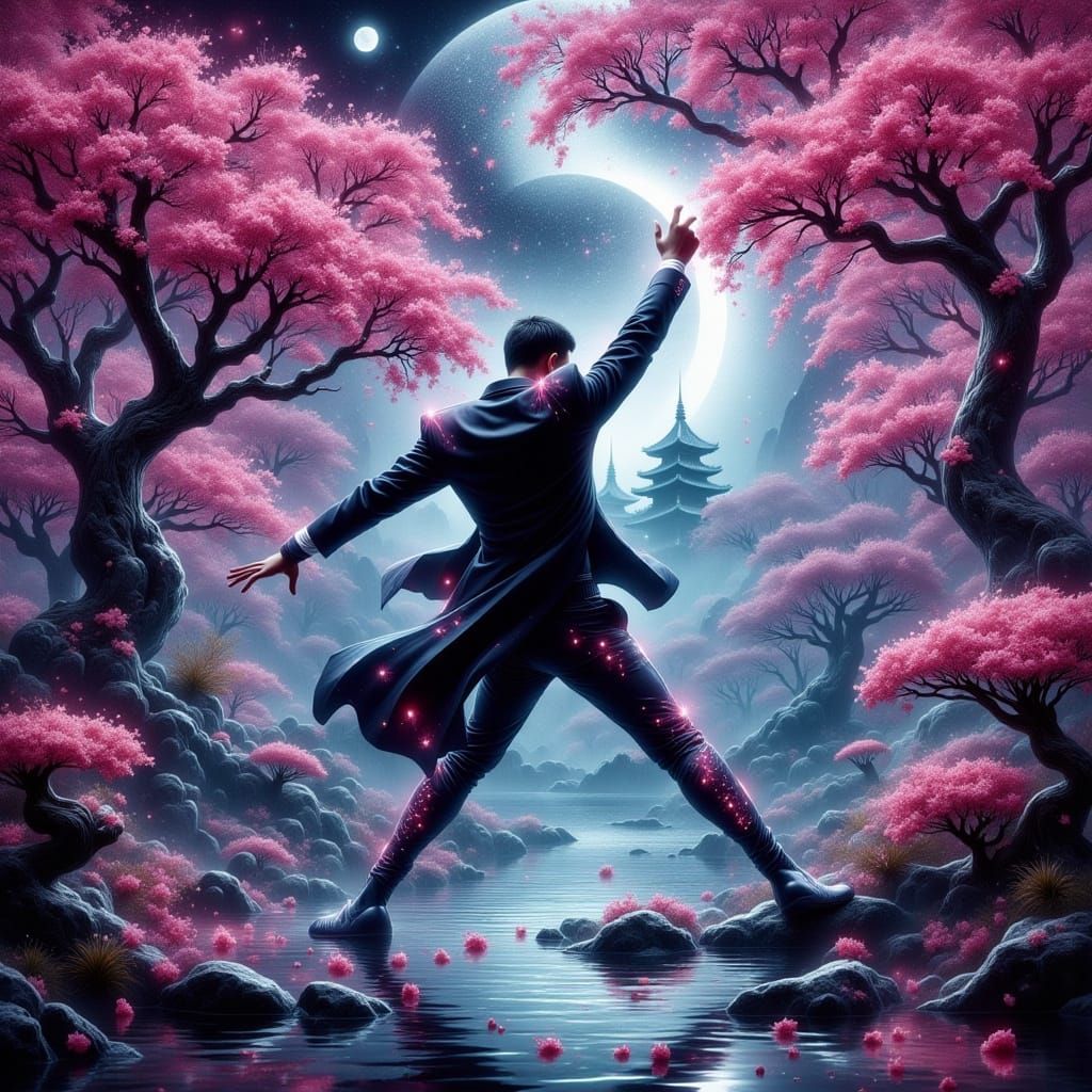 Cyberpunk Businessman Dances in Virtual Reality Dojo