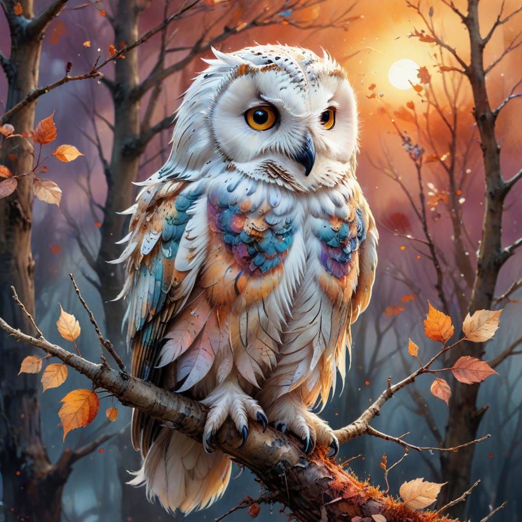 Snow Owl on Autumn Branch in Watercolour Style
