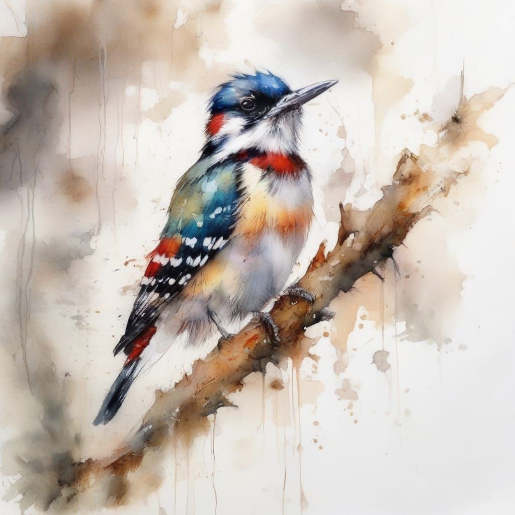 Tiny Woodpecker Pecking Tree Bark in Watercolour Style