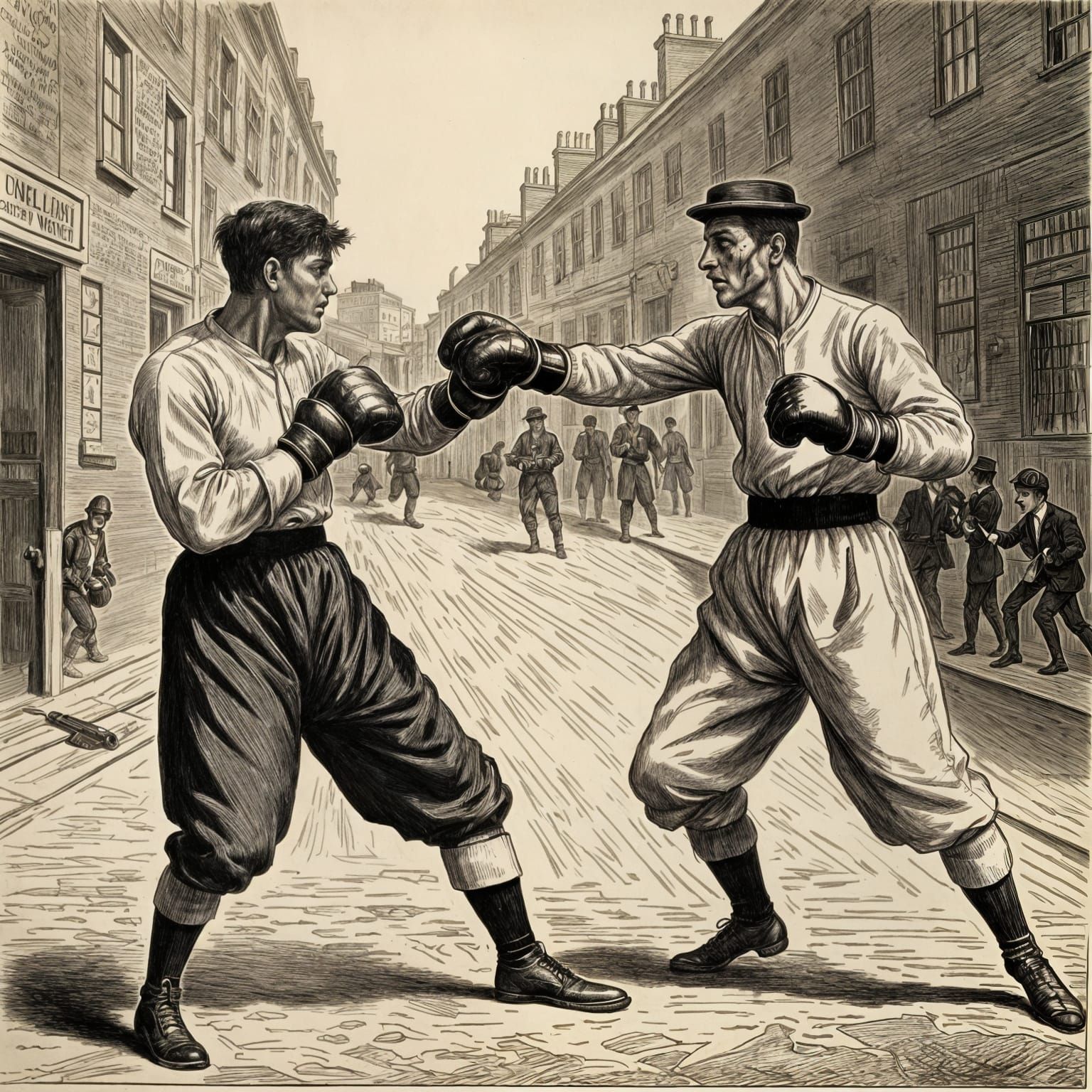 Sparring Figures in Newspaper Illustration Style