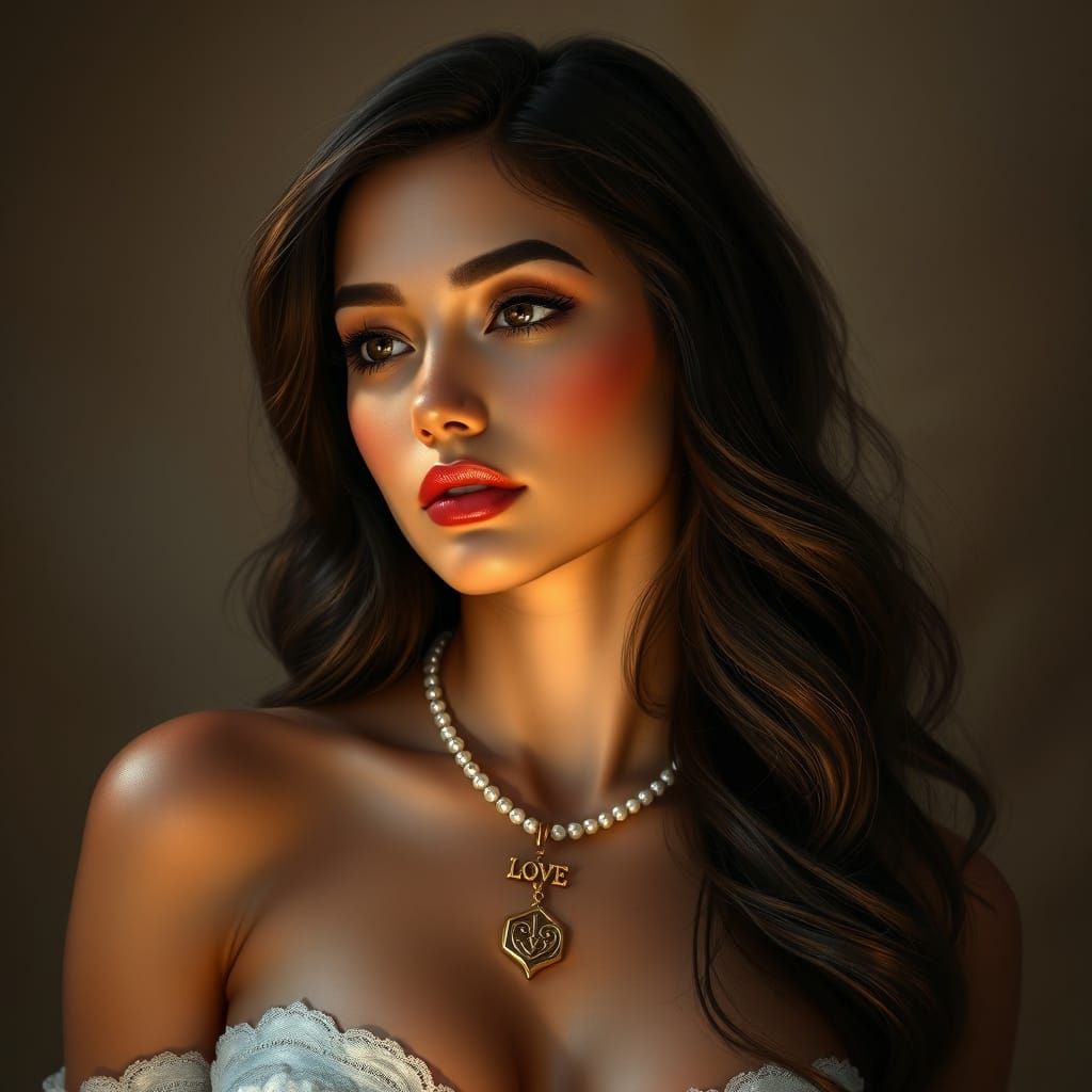 Elegant Woman with Golden Love Symbol in Fantasy Concept Art...