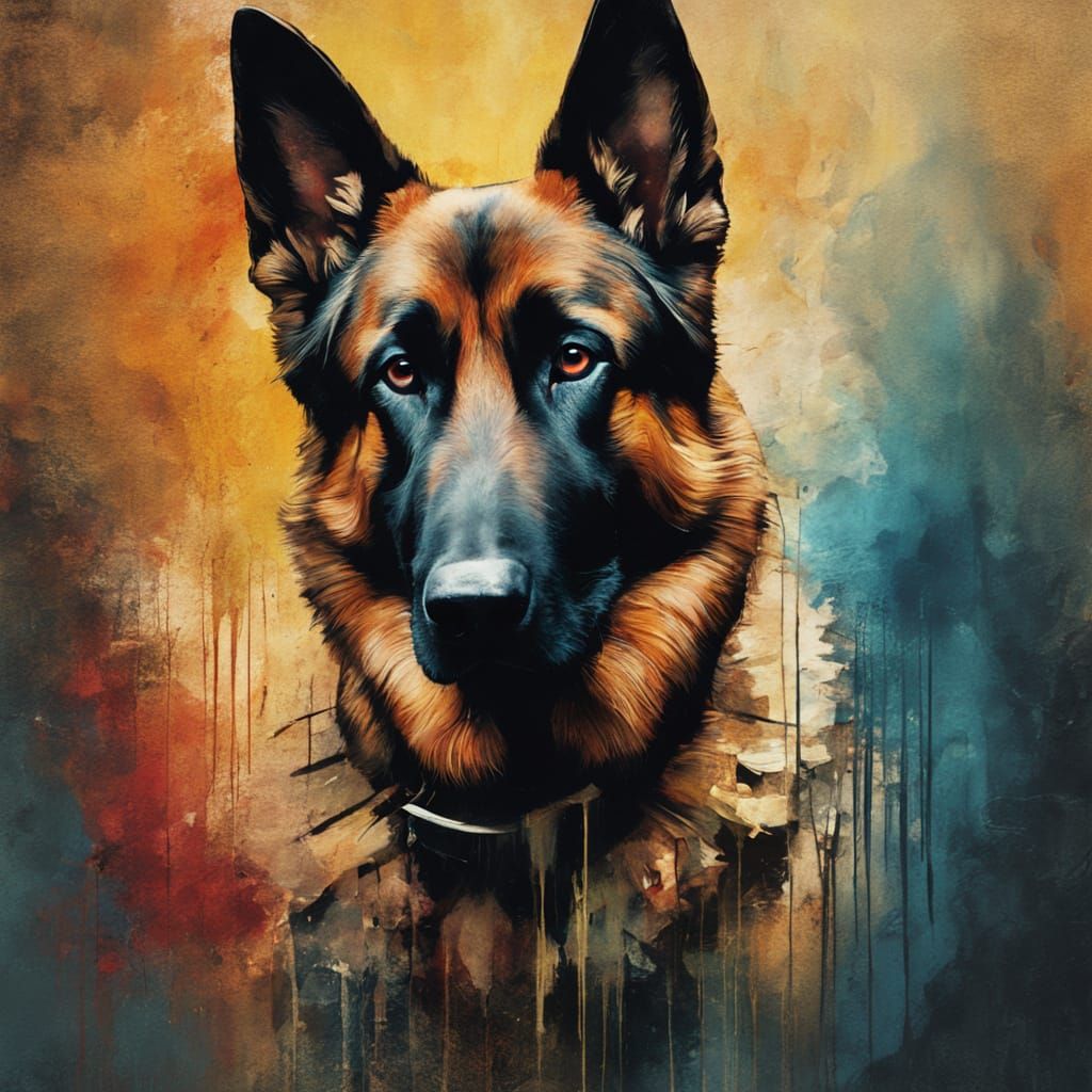 German Shepherd Dog Realistic Portrait in Painterly Style