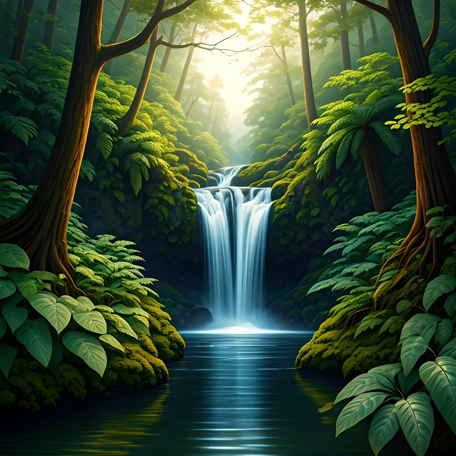 Lush Waterfall Landscape Painting