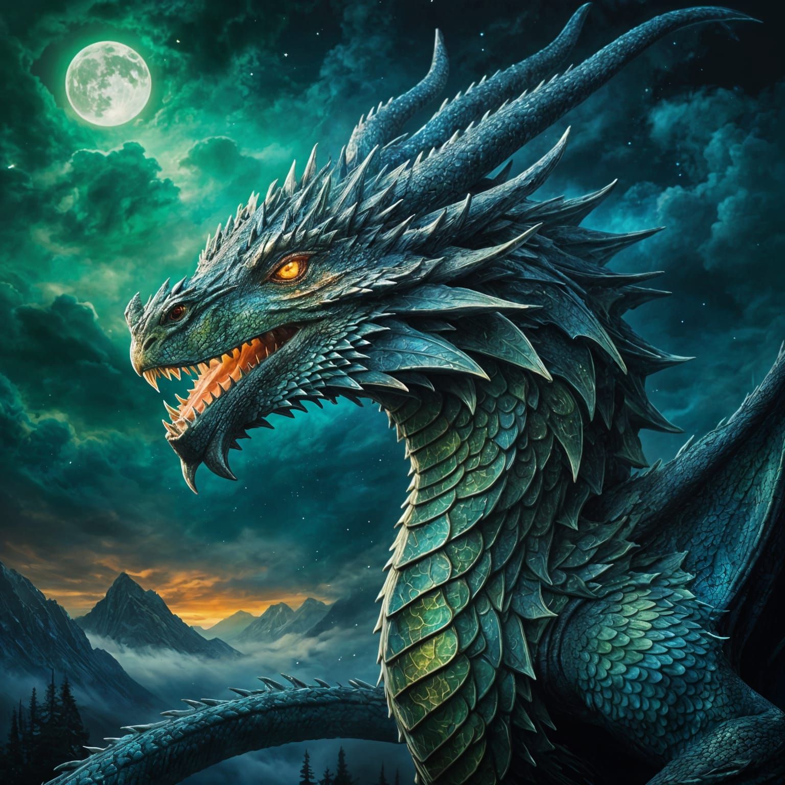 Ethereal Dragon with Iridescent Scales in Moonlit Sky