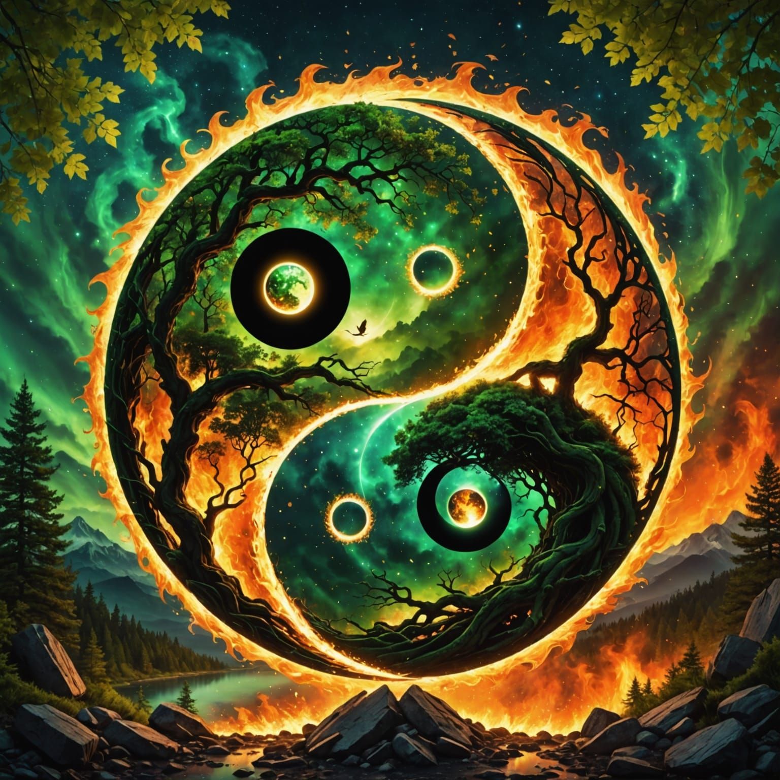 Surreal Yin-Yang Nature Scene in Fire and Green