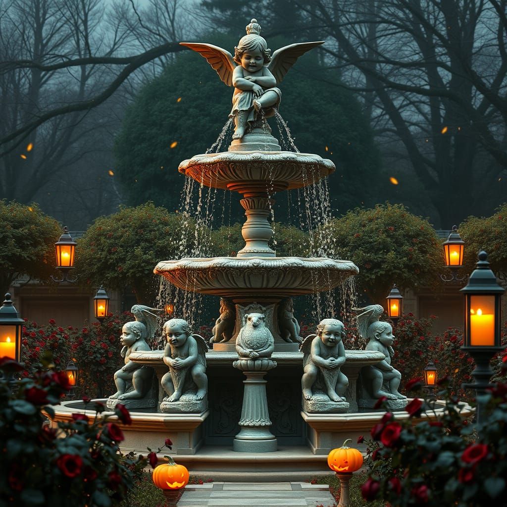 Majestic Fountain with Cherubs and Dark Roses