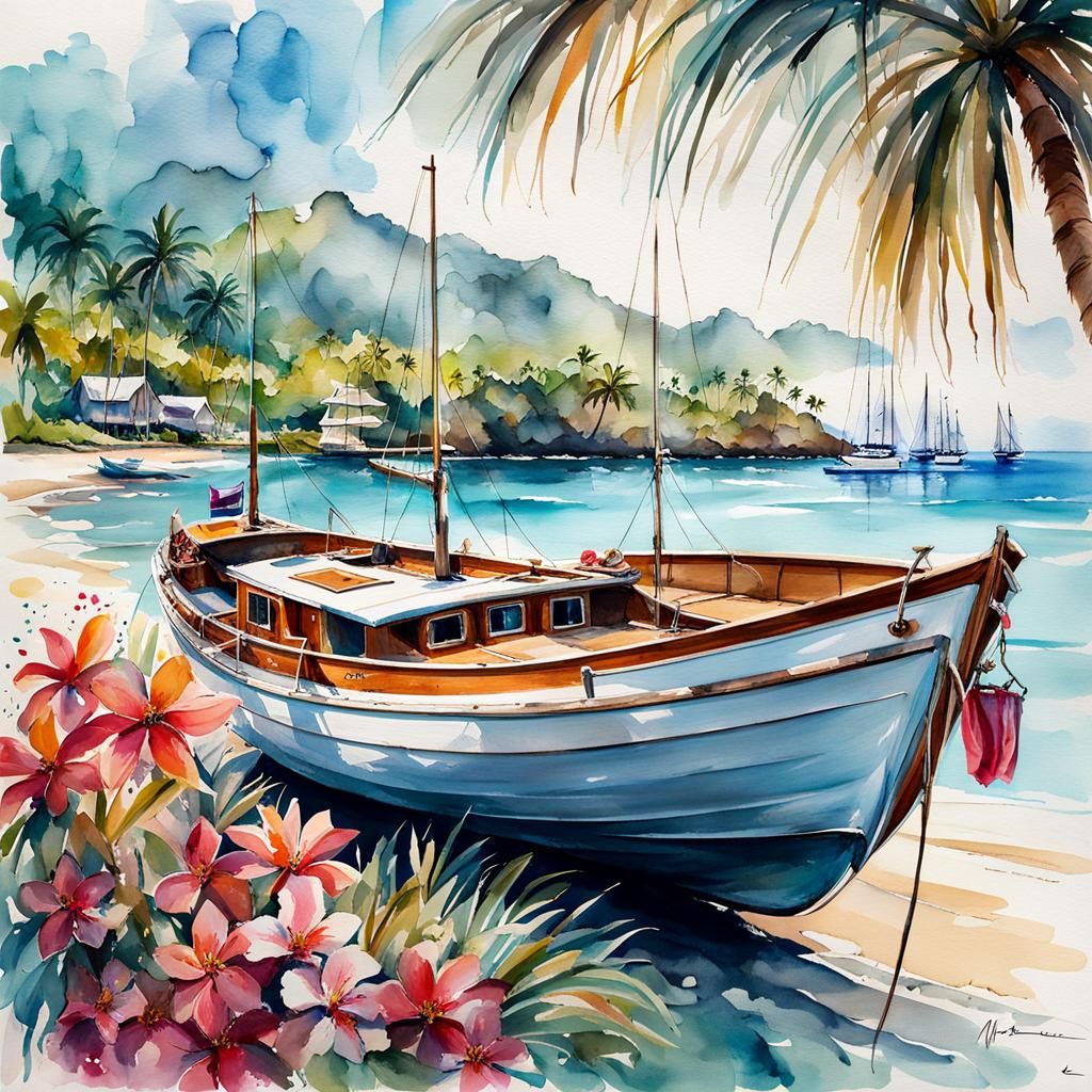 vintage wooden yacht at a natural harbour