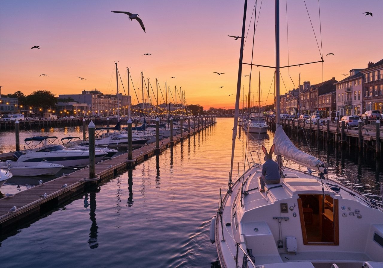 Rabbit Sailing Into Twinkling Harbor at Sunset